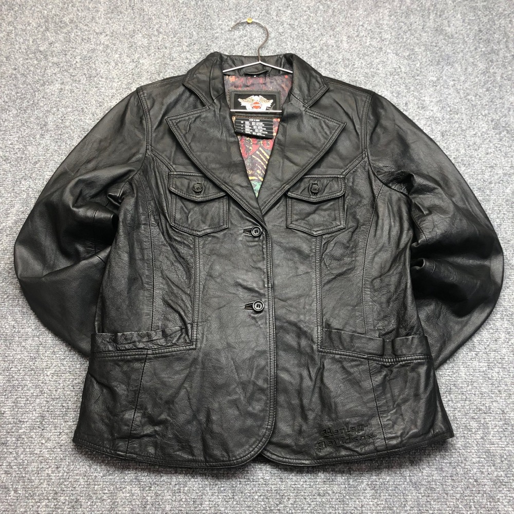 Harley Davidson Mens Black Leather Blazer Jacket Flame Lining Embroidered Medium